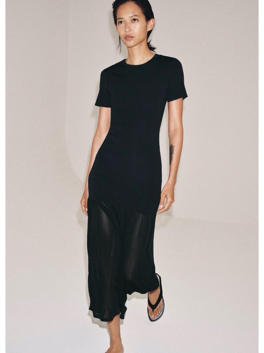 Zara Black Short-Sleeve Maxi Dress with Sheer Hem